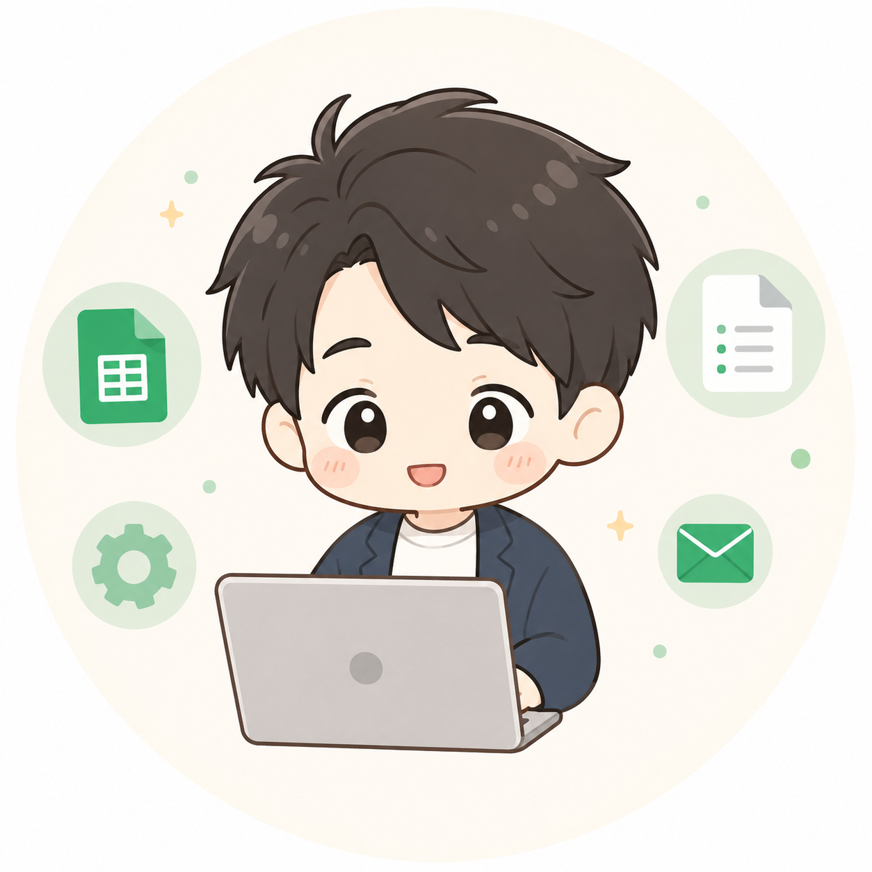 ノートパソコンで作業する、ふくおかのイラスト